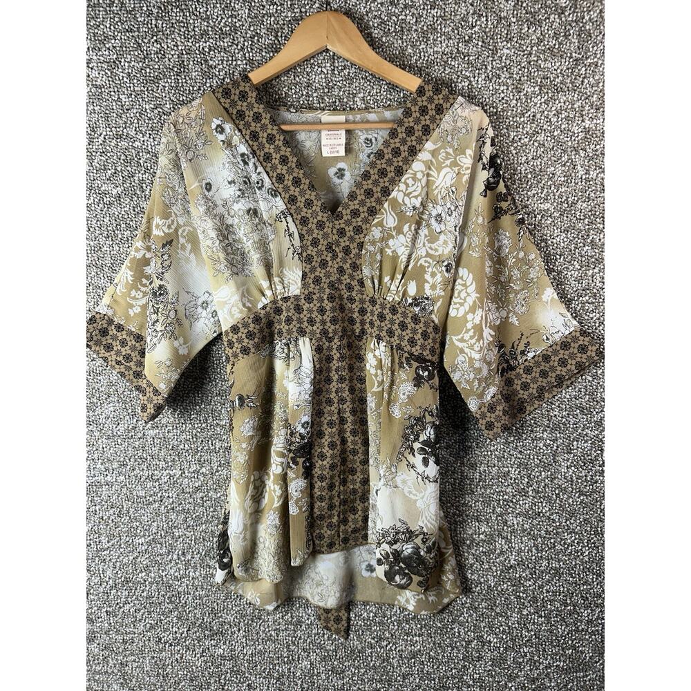 VTG Y2K Womens Shirt Top Brown Floral Babydoll Fairycore Sz L Tie Back Chiffon